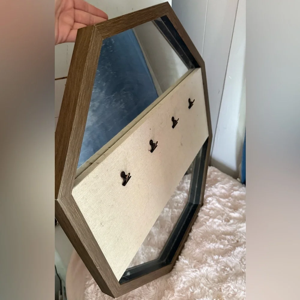 Hexagonal Wooden Mirror Frame with Hooks for Photos Decor